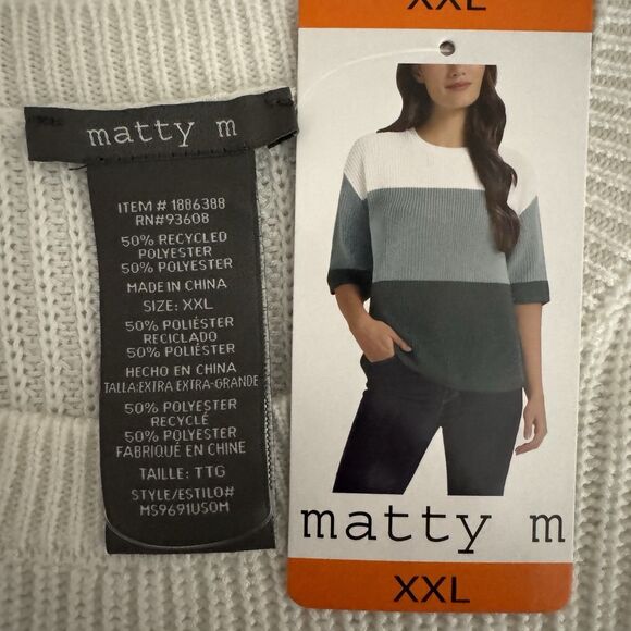 Matty M Womens Sweater XXL Knitted Teal& White Elbow Sleeves Pullover - Picture 6 of 10